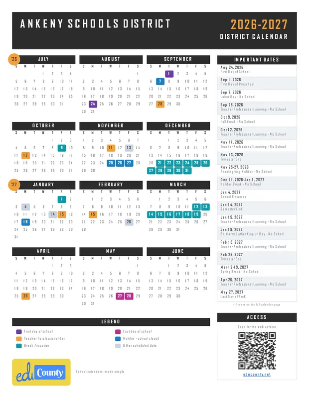 Ankeny Schools District printable 2026-27 calendar
