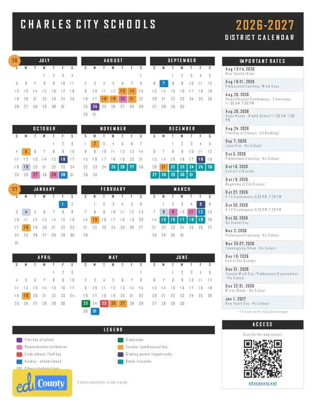 Charles City Schools printable 2026-27 calendar