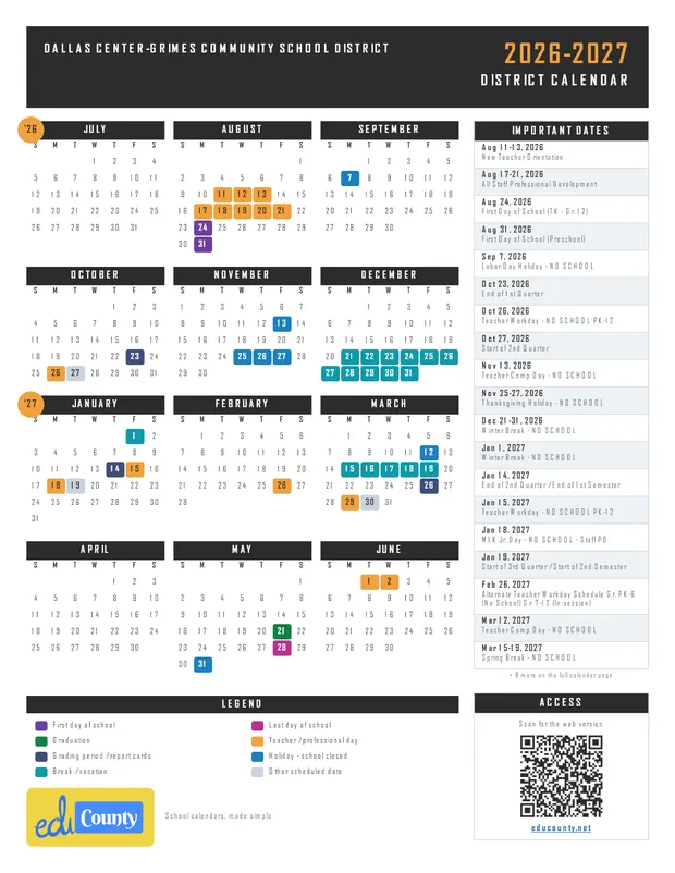 Dallas Center-Grimes Community School District printable 2026-27 calendar
