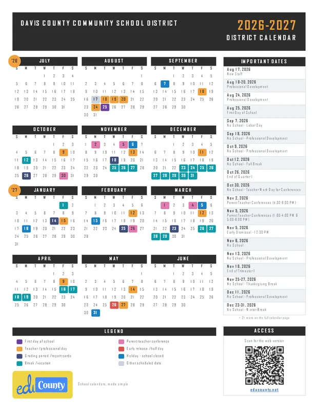 Davis County Community School District printable 2026-27 calendar