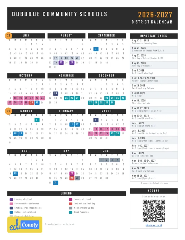 Dubuque Community Schools printable 2026-27 calendar