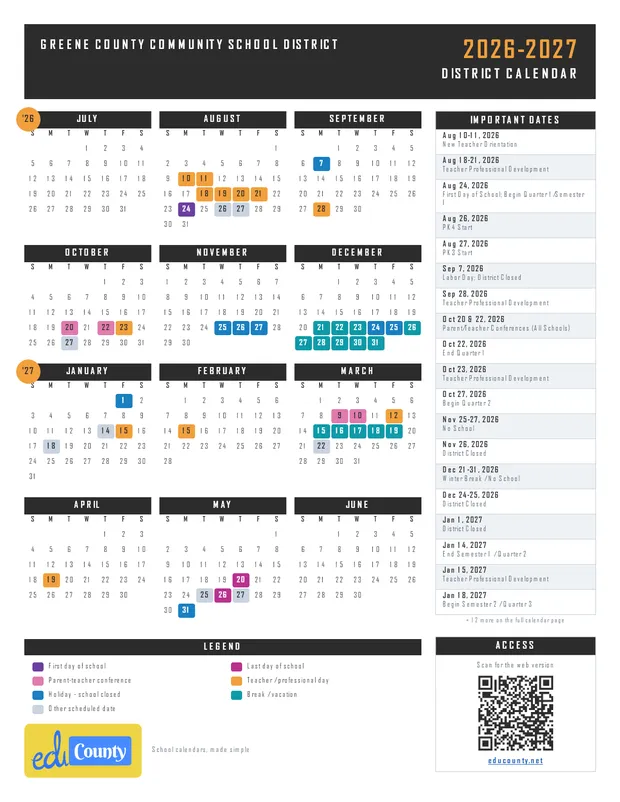 Greene County Community School District printable 2026-27 calendar