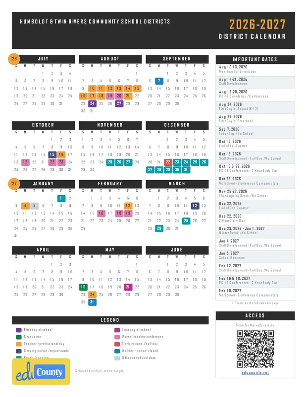 Humboldt & Twin Rivers Community School Districts printable 2026-27 calendar