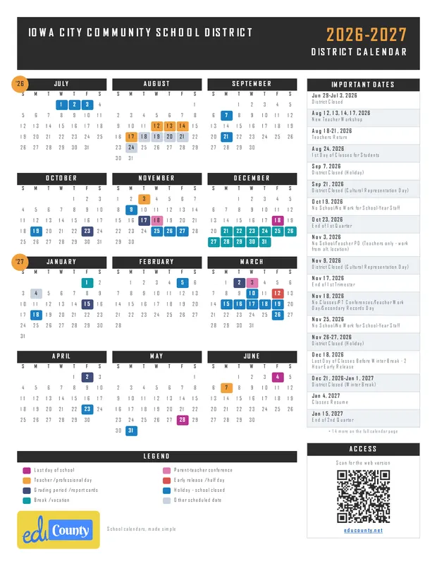 Iowa City Community School District printable 2026-27 calendar