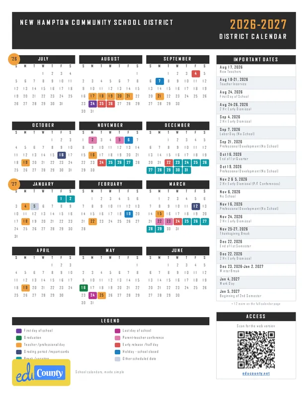 New Hampton Community School District printable 2026-27 calendar