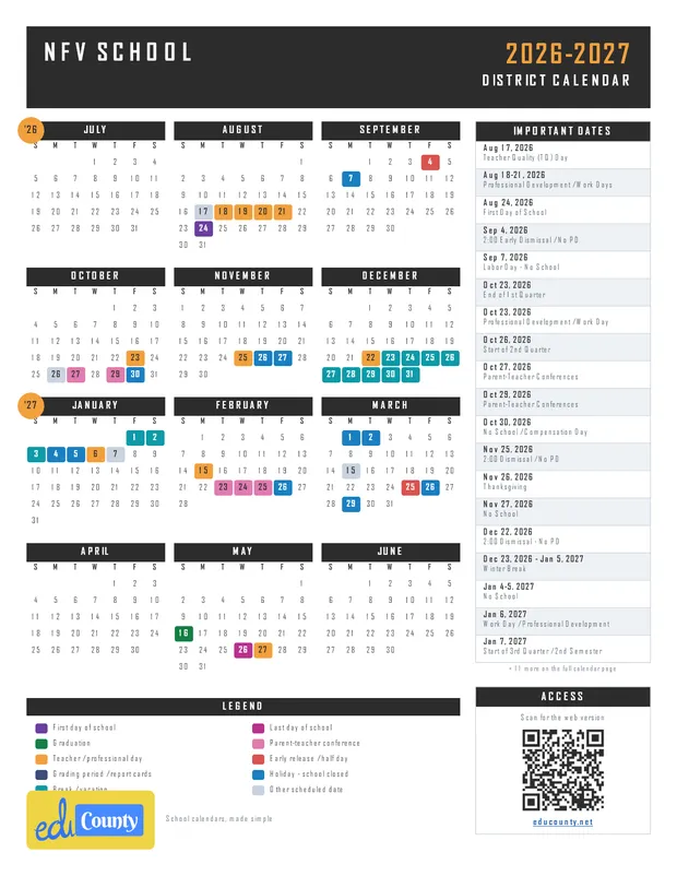 NFV School printable 2026-27 calendar