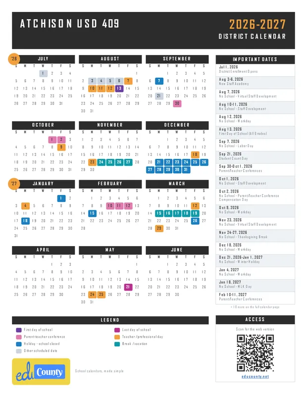 Atchison USD 409 printable 2026-27 calendar