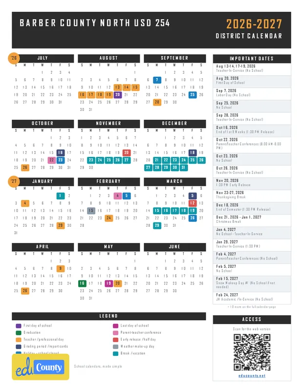 Barber County North USD 254 printable 2026-27 calendar