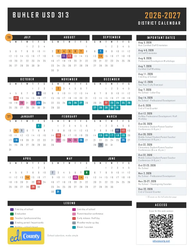Buhler USD 313 printable 2026-27 calendar
