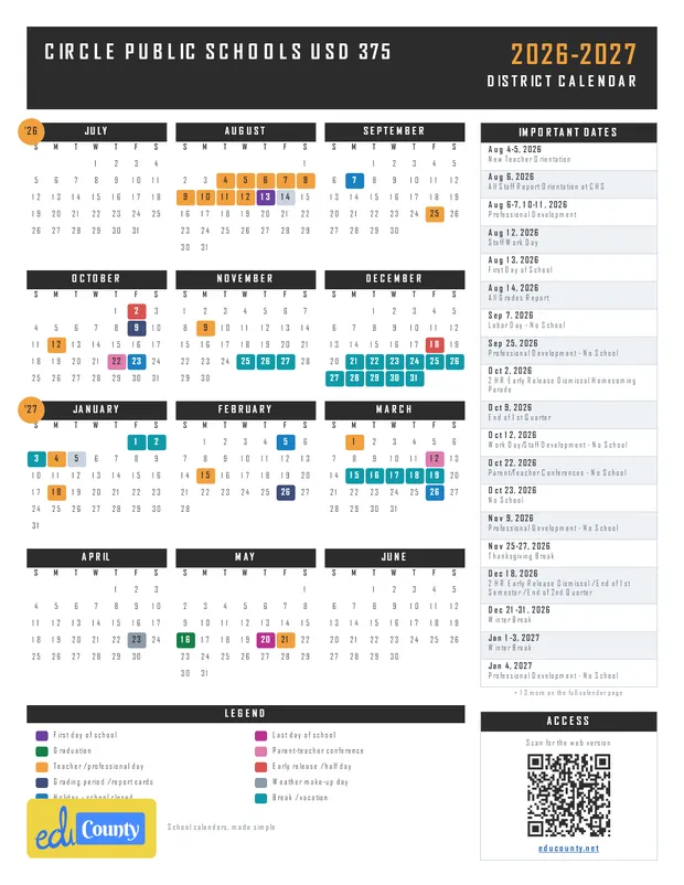 Circle Public Schools USD 375 printable 2026-27 calendar