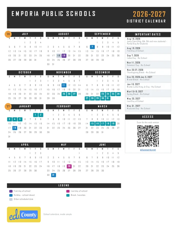 Emporia Public Schools printable 2026-27 calendar
