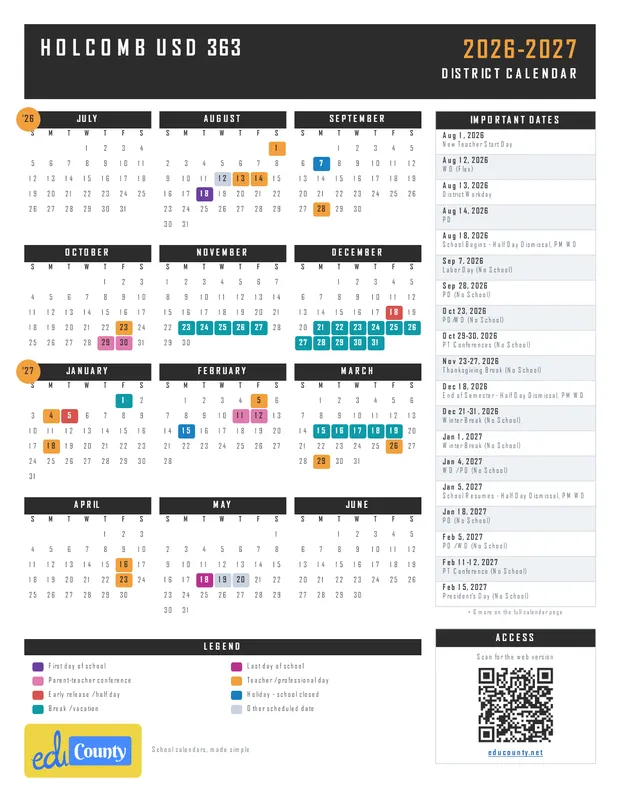 Holcomb USD 363 printable 2026-27 calendar