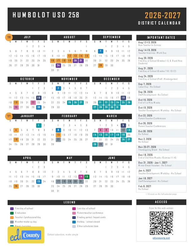 Humboldt USD 258 printable 2026-27 calendar