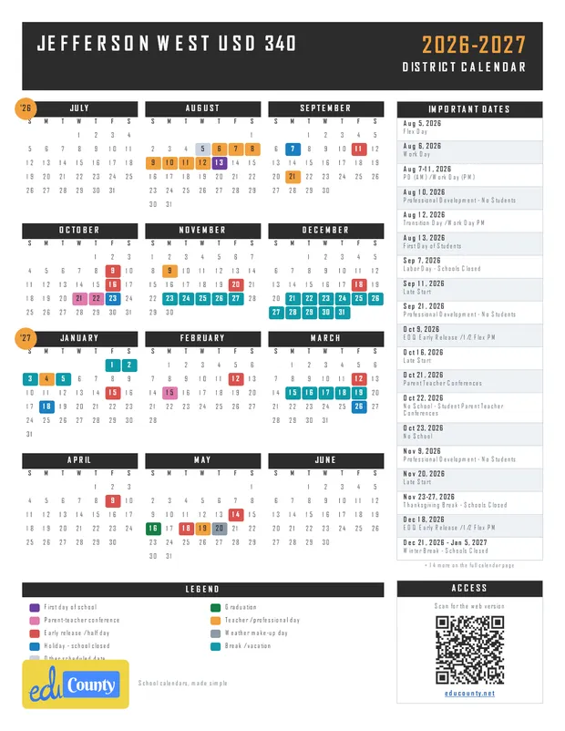 Jefferson West USD 340 printable 2026-27 calendar