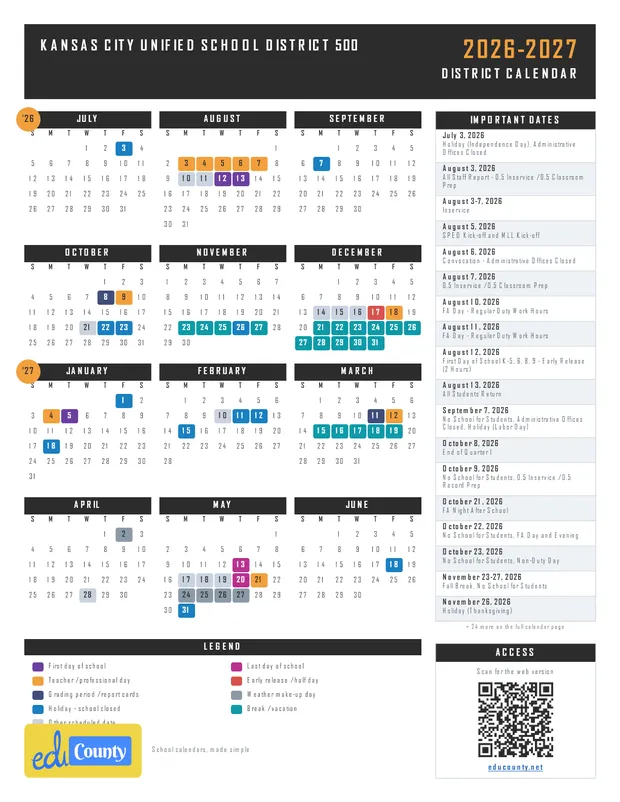 Kansas City Unified School District 500 printable 2026-27 calendar