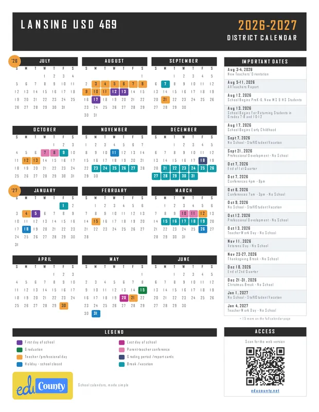 Lansing USD 469 printable 2026-27 calendar