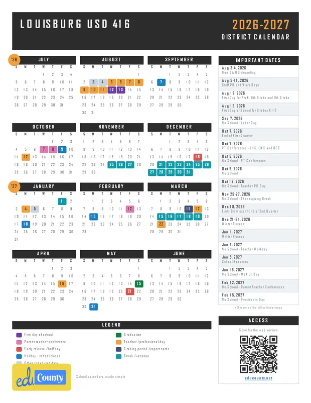 Louisburg USD 416 printable 2026-27 calendar