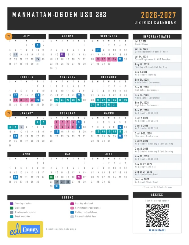 Manhattan-Ogden USD 383 printable 2026-27 calendar
