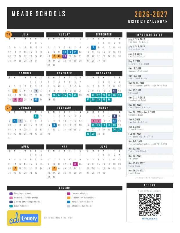Meade Schools printable 2026-27 calendar