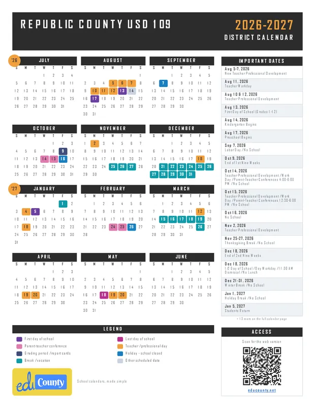 Republic County USD 109 printable 2026-27 calendar