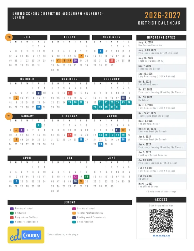 Unified School District No. 410 Durham-Hillsboro-Lehigh printable 2026-27 calendar