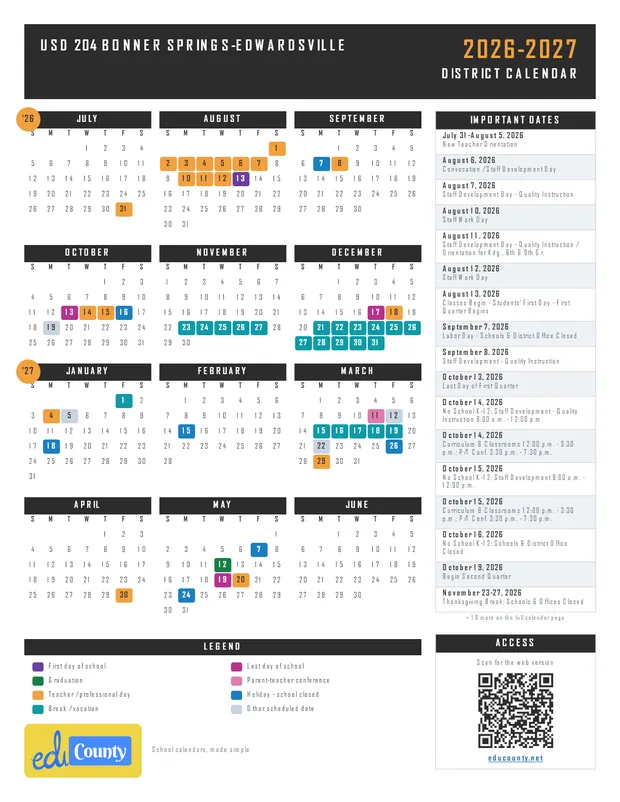 USD 204 Bonner Springs-Edwardsville printable 2026-27 calendar