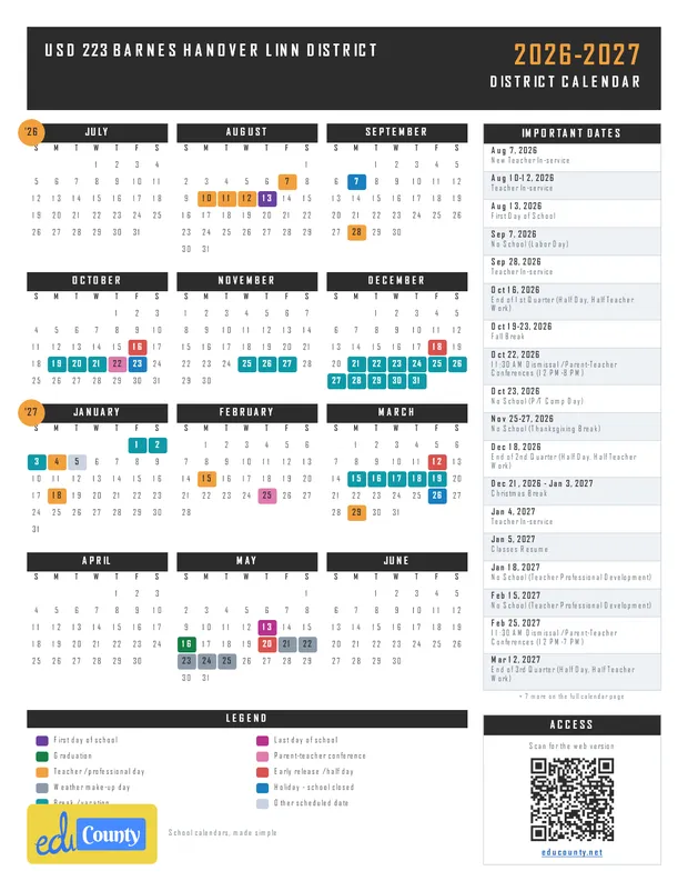 USD 223 Barnes Hanover Linn District printable 2026-27 calendar