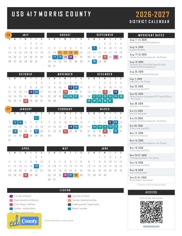 USD 417 Morris County printable 2026-27 calendar