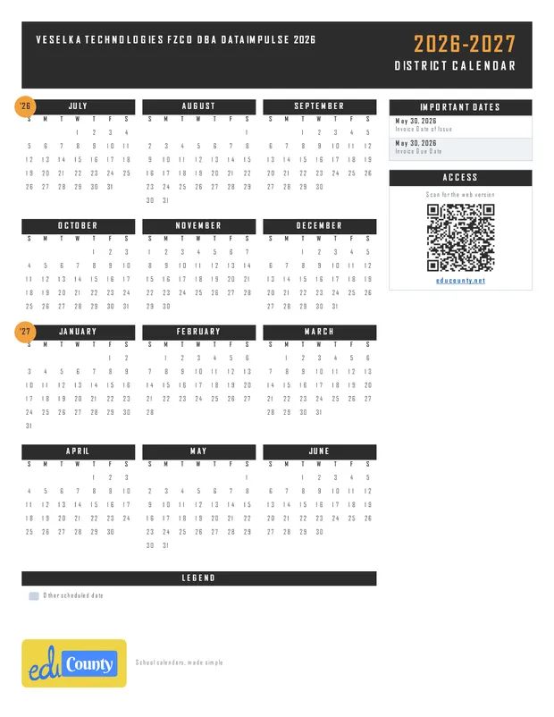 Veselka Technologies FZCO dba DataImpulse 2026 printable 2026-27 calendar