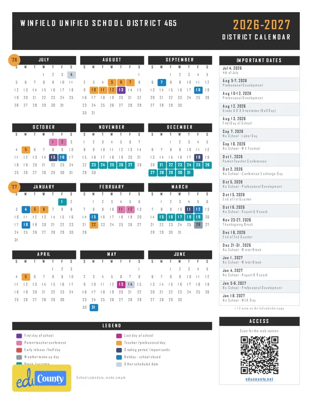 Winfield Unified School District 465 printable 2026-27 calendar