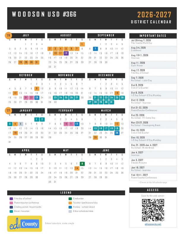 Woodson USD #366 printable 2026-27 calendar