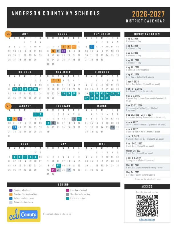 Anderson County ky Schools printable 2026-27 calendar