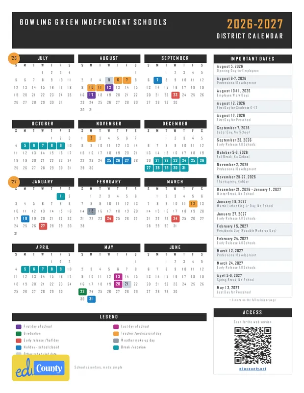 Bowling Green Independent Schools printable 2026-27 calendar