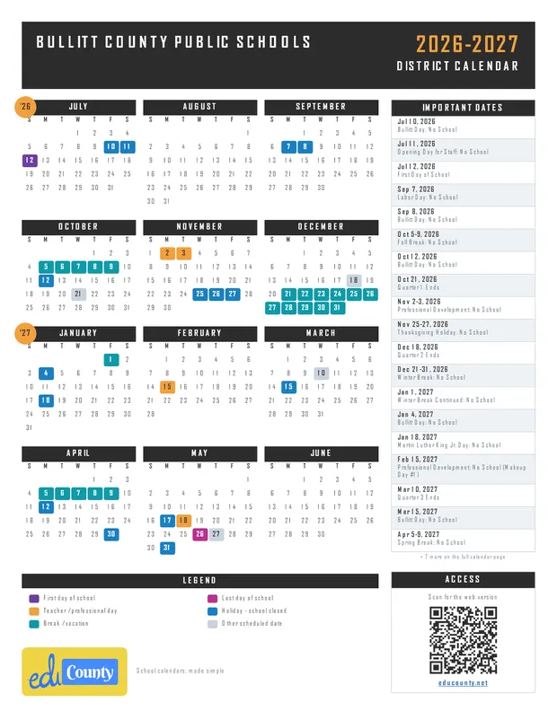 Bullitt County Public Schools printable 2026-27 calendar