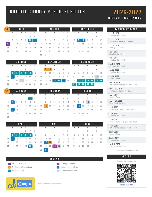 Bullitt County Public Schools printable 2026-27 calendar