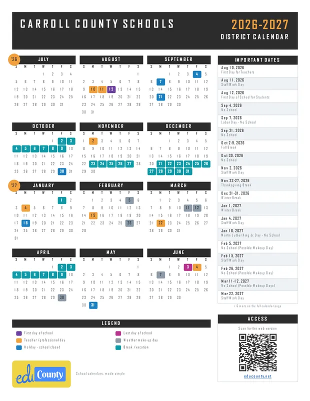 Carroll County Schools printable 2026-27 calendar