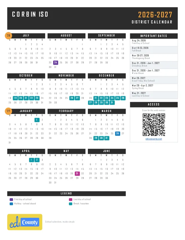 Corbin Independent School District isd printable 2026-27 calendar