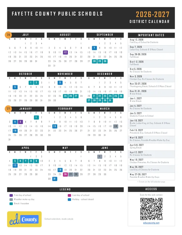 Fayette County Public Schools printable 2026-27 calendar