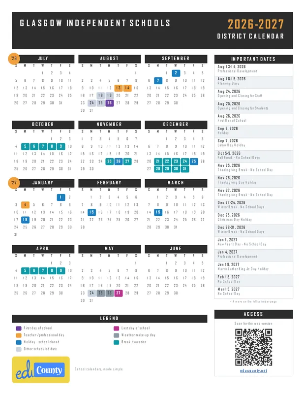 Glasgow Independent Schools printable 2026-27 calendar