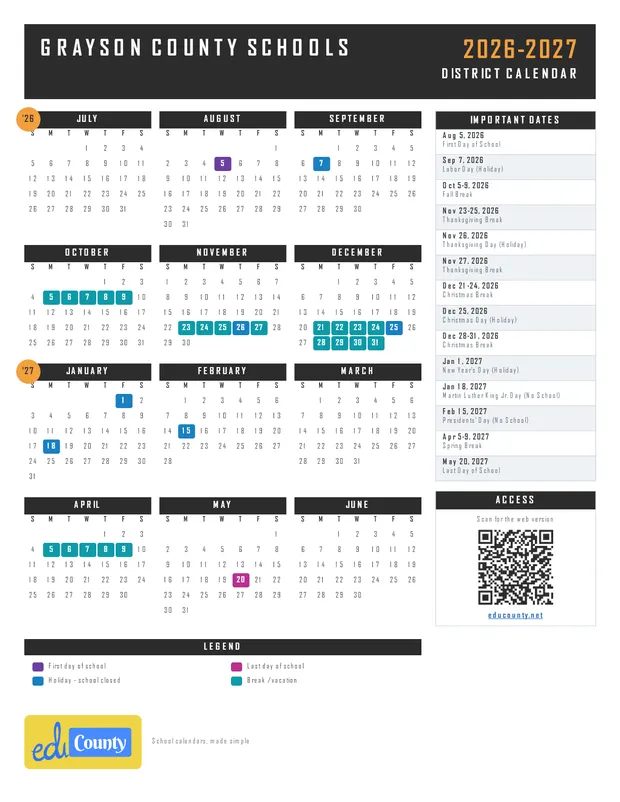 Grayson County Schools printable 2026-27 calendar
