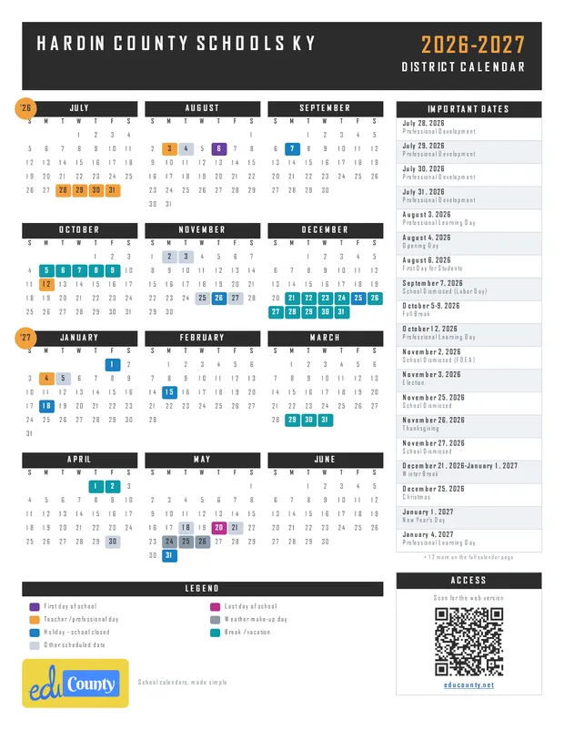 Hardin County Schools printable 2026-27 calendar