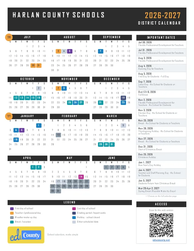 HARLAN COUNTY SCHOOLS printable 2026-27 calendar
