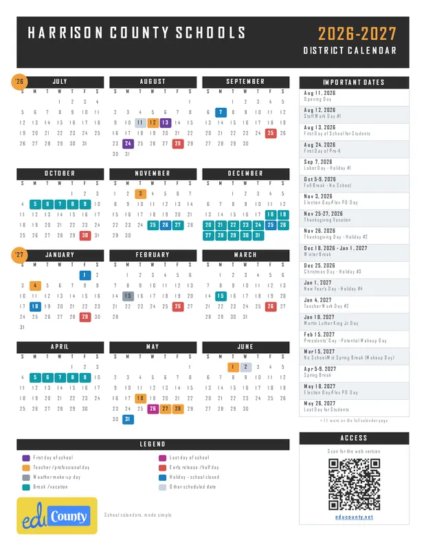 Harrison County Schools printable 2026-27 calendar