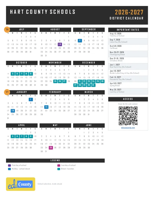 Hart County Schools printable 2026-27 calendar