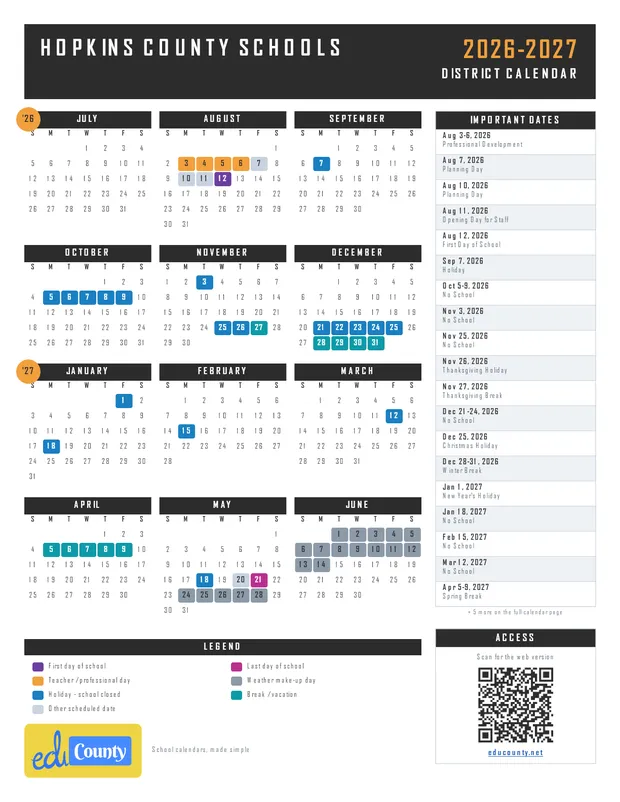 Hopkins County Schools printable 2026-27 calendar