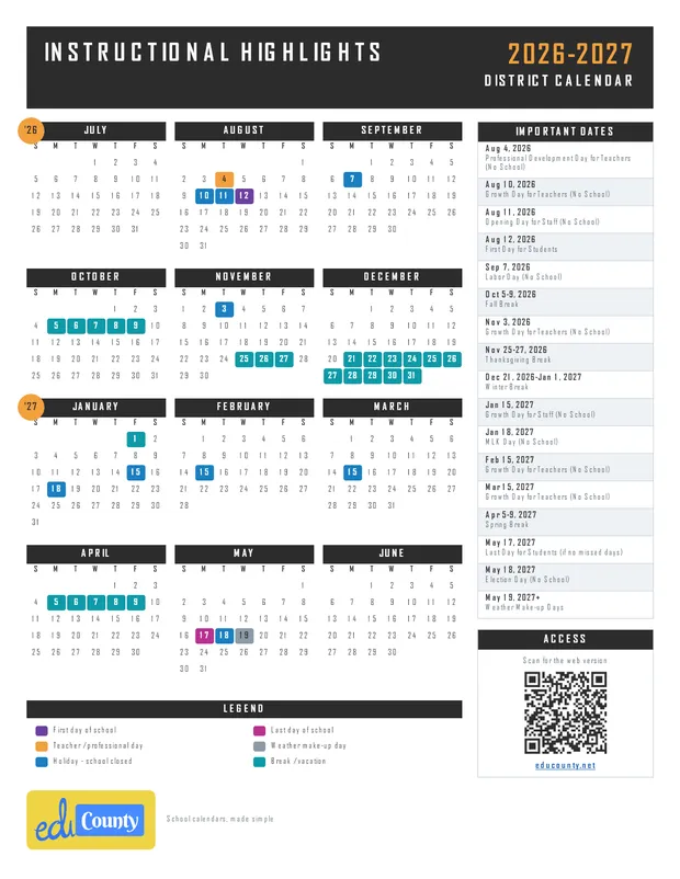 Instructional Highlights printable 2026-27 calendar