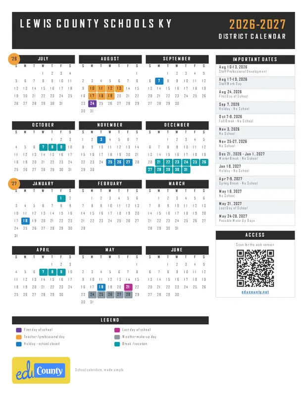 Lewis County Schools printable 2026-27 calendar