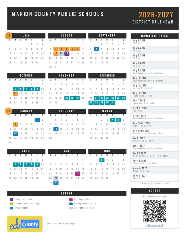 Marion County Public Schools printable 2026-27 calendar