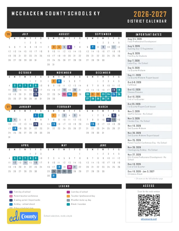 McCracken County Schools printable 2026-27 calendar