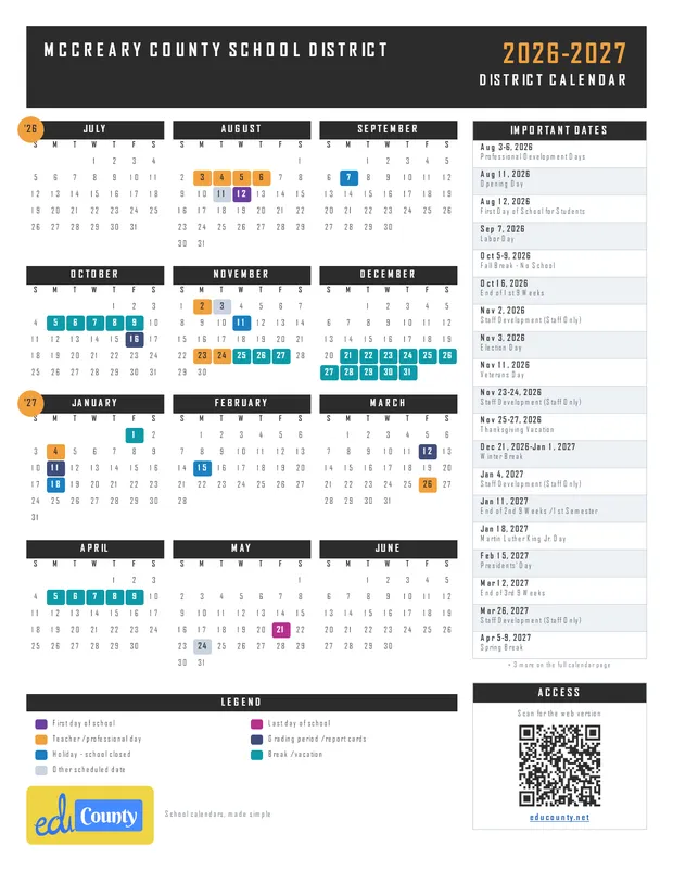 McCreary County School District printable 2026-27 calendar